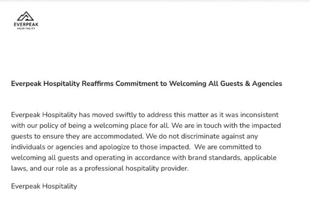 Everpeak Hospitality’s statement following the ICE controversy, as posted on the company’s website.
