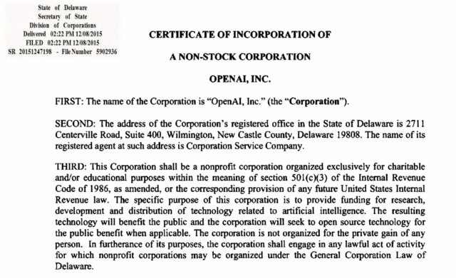 The 2015 Certificate of Incorporation of OpenAI. Highlighted text: The corporation is not organized for the private gain of any person.