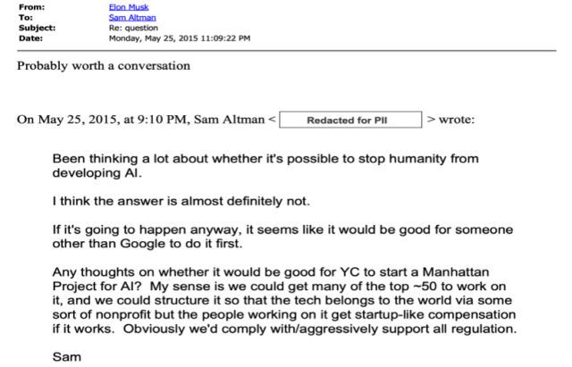 Email correspondence between Elon Musk and Sam Altman regarding the structuring of OpenAI in 2015.