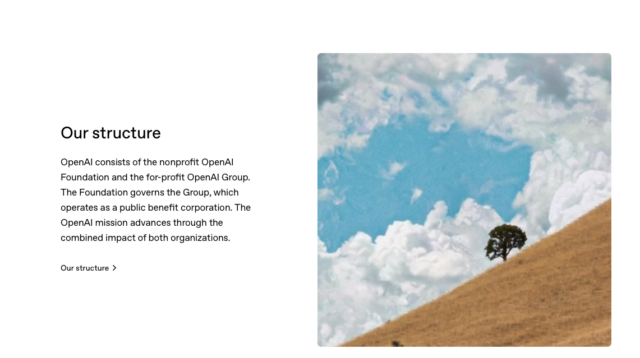 A webpage titled “Our structure” explaining OpenAI’s nonprofit foundation and for-profit group.