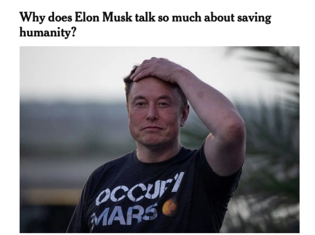 Elon Musk standing outdoors, wearing a black “Occupy Mars” shirt and touching his head.