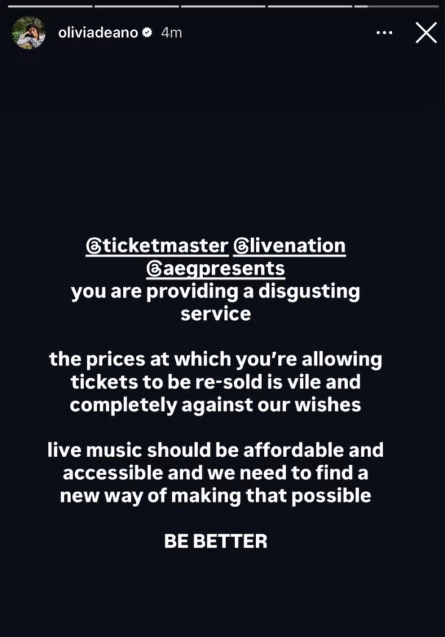 Text on a black background criticizes ticket resale practices by Live Nation, calling it a “disgusting service” and advocating for affordable live music