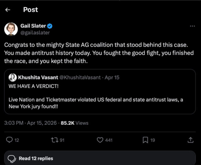 A tweet from Gail Slater congratulates a State AG coalition on an antitrust case victory against Live Nation and Ticketmaster