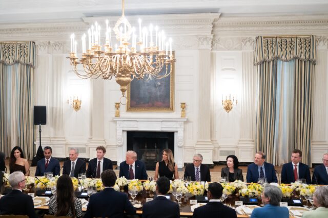 President Donald Trump and First Lady Melania Trump host business and technology leaders for dinner at the White House in 2025.